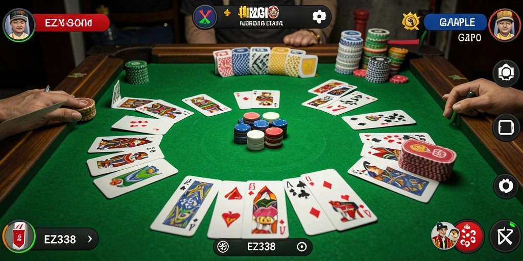 Tangkapan layar utama EZ338 menampilkan gameplay Gaple yang seru.