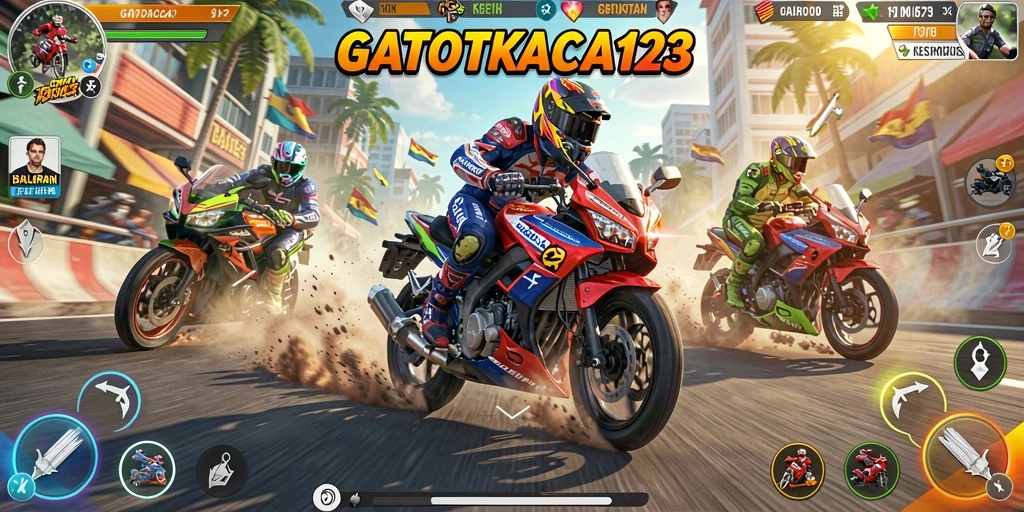 Gameplay GATOTKACA123 menampilkan balapan motor yang memukau dan mendebarkan.
