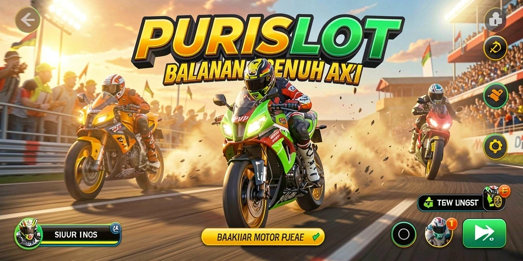 Screenshot gameplay <strong>PURISLOT</strong> menampilkan aksi balapan motor yang mendebarkan.