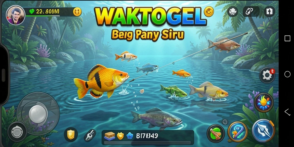 Screenshot permainan WAKTOGEL menampilkan aksi memancing seru di lokasi indah.